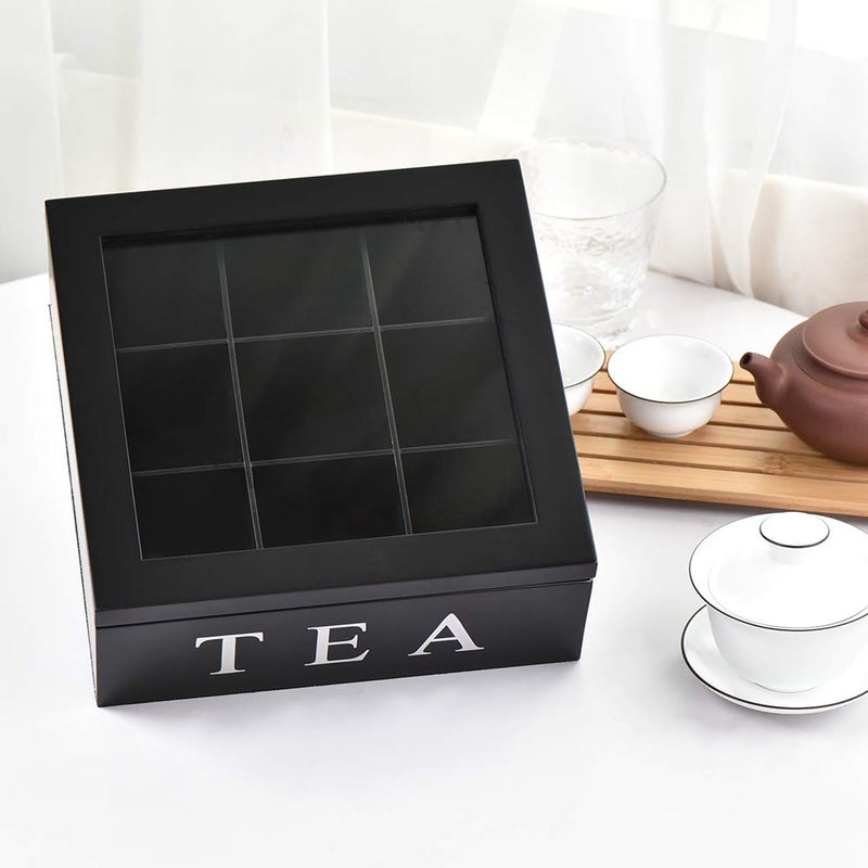 Fonture Wood Tea Storage Box, Teabag Storing 9 Compartments Wooden Tea Box Hinged Glass Lid Tea Organizer-Black - Image 5